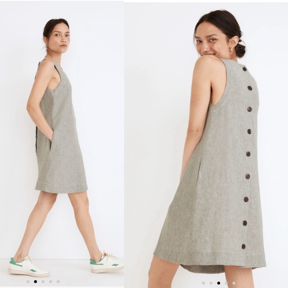 Madewell Linen Cotton Tank Mini Shift Dress, Sea Green, Button Back, Size XL
